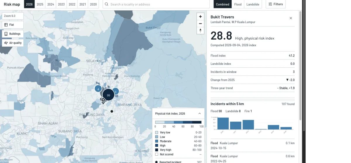 The risk map over the Klang Valley with Bukit Travers selected: locality polygons on the water ramp, the score panel reading 28.8, high, computed 2026-09-04, and the nearby incidents list